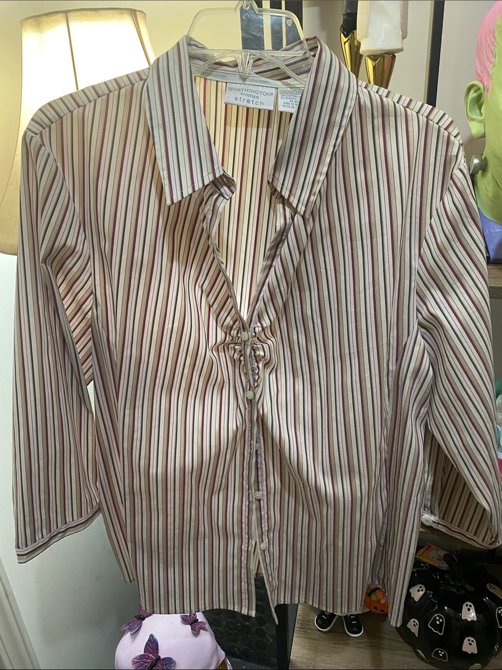 Worthington Stretch Striped Button-Down Shirt in Cream & Burgundy